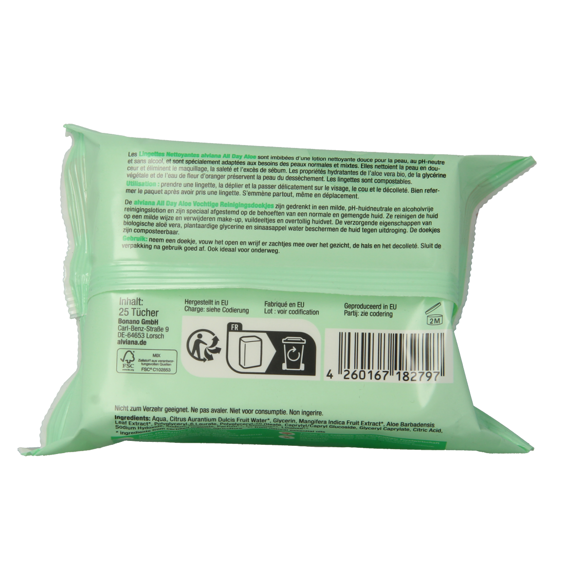 Alviana vochtdoekjes met aloe vera voor gezichtsverzorging, 25 stuks, zachte reinigingsdoekjes voor de huid