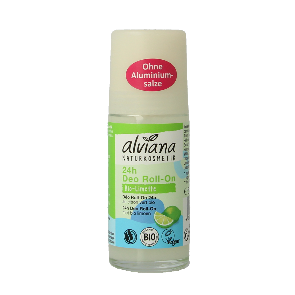 Alviana Deo roll-on limette deodorant bottle with lime-colored cap and label, 50ml size.