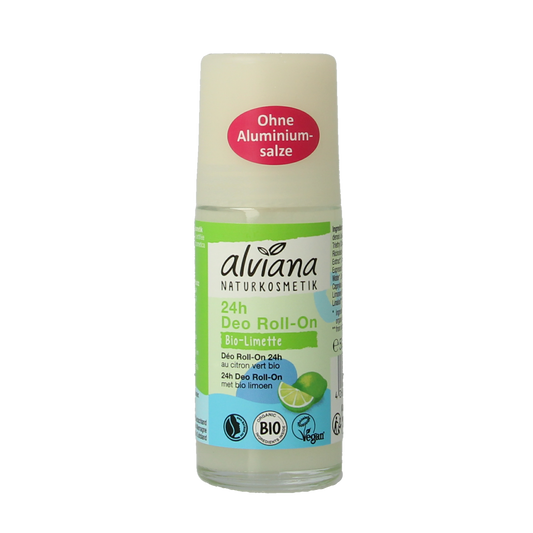 Alviana Deo roll-on limette deodorant bottle with lime-colored cap and label, 50ml size.