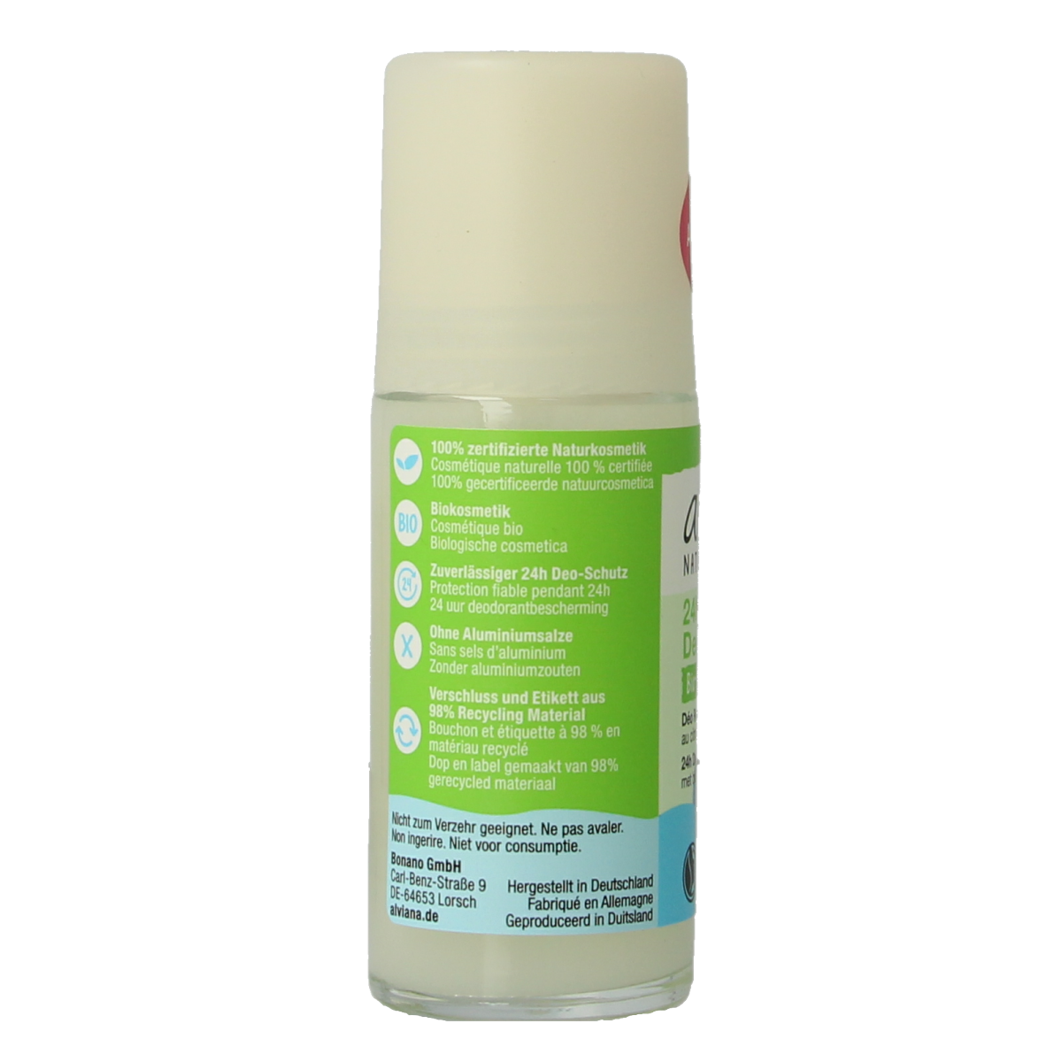 Alviana Deo roll-on limette deodorant bottle with green and white packaging, 50ml size, on a white background.