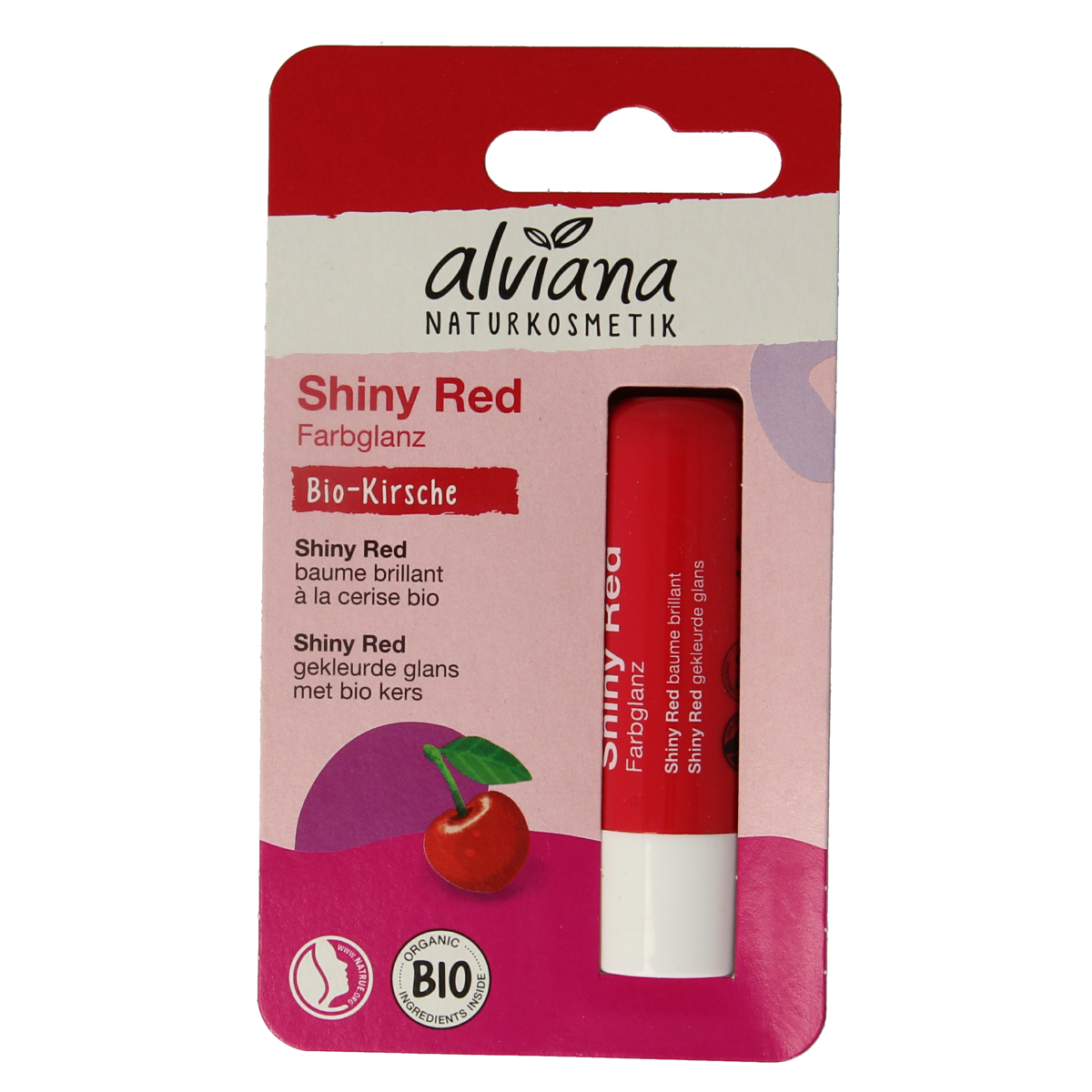 Alviana Lipverzorging shiny red lip balm in 4.5 gram container, featuring a glossy finish and vibrant red color.