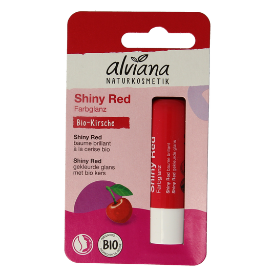 Alviana Lipverzorging shiny red lip balm in 4.5 gram container, featuring a glossy finish and vibrant red color.