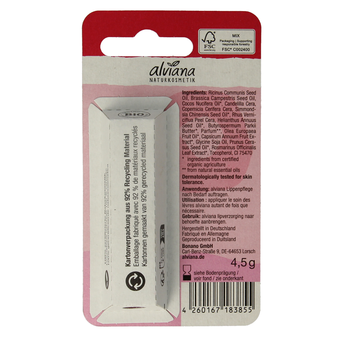 Alviana Lipverzorging shiny red lip balm in a 4.50 gram container with a glossy finish and sleek packaging.