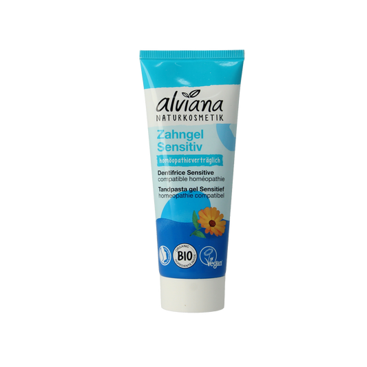 Alviana Sensitief Gel Toothpaste in 75ml tube showing the toothpaste tube with branding and packaging details.