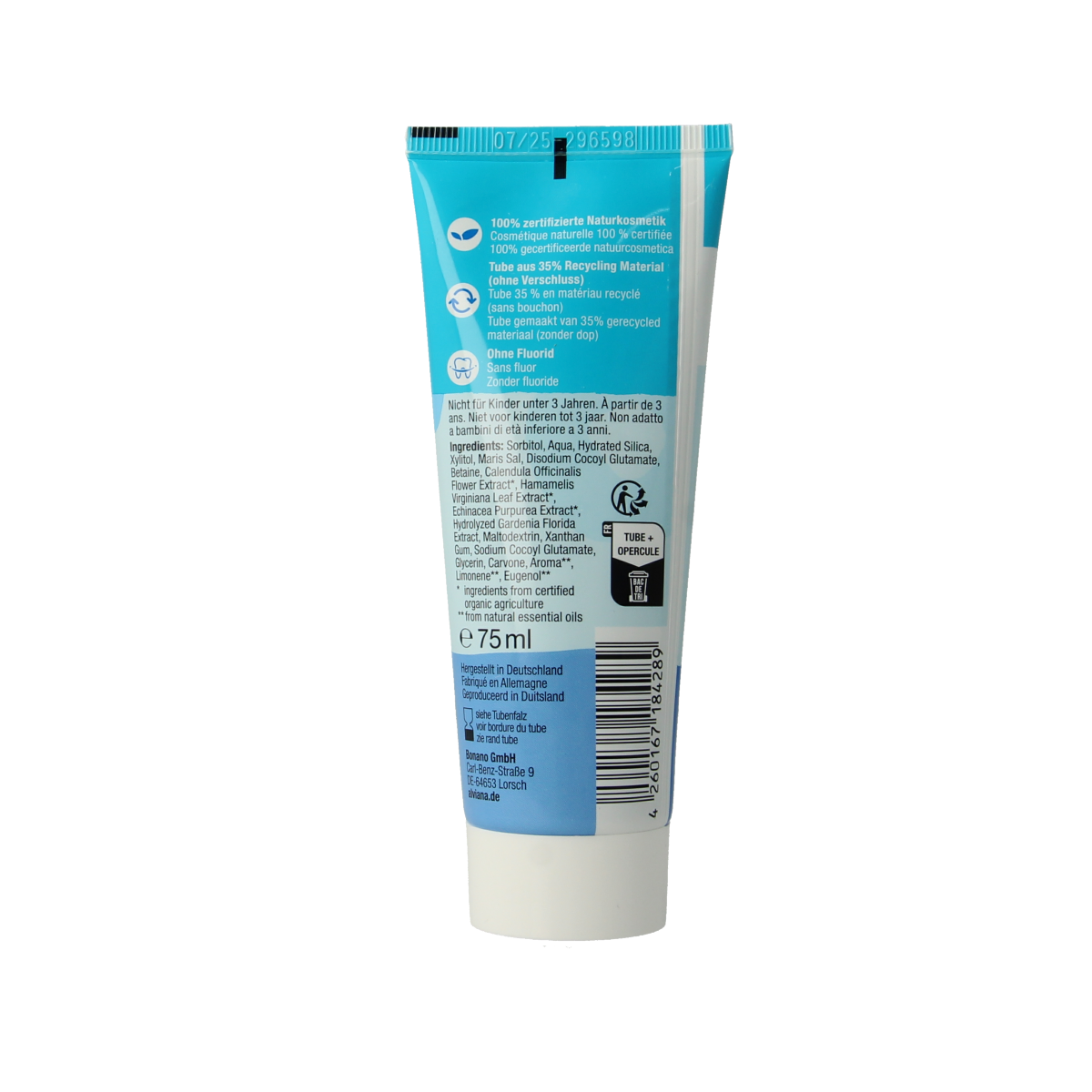 Alviana Sensitief toothpaste gel in 75ml tube, gentle whitening and soothing for sensitive teeth, with natural herbal ingredients.
