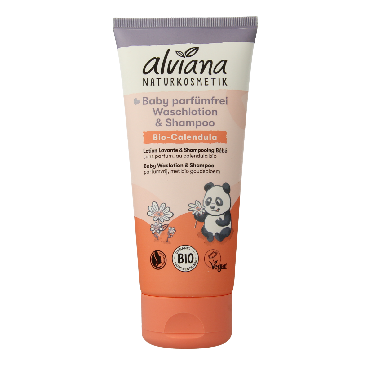 Alviana Baby wash lotion and shampoo bottle, 200ml, gentle baby and toddler skincare product with soft packaging and label.