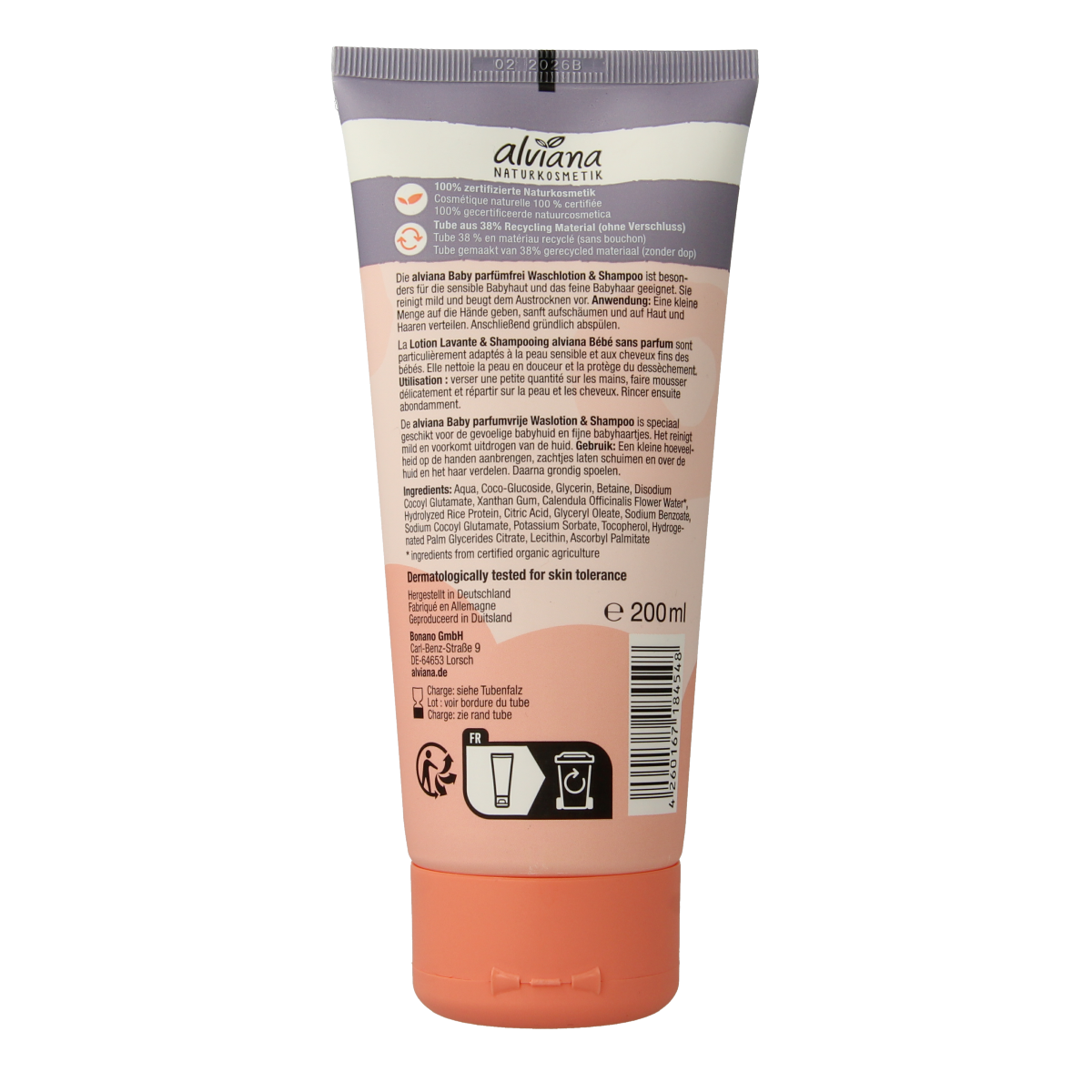 Alviana Baby wash lotion and shampoo in a 200ml bottle, gentle baby and toddler skincare product with soft packaging.
