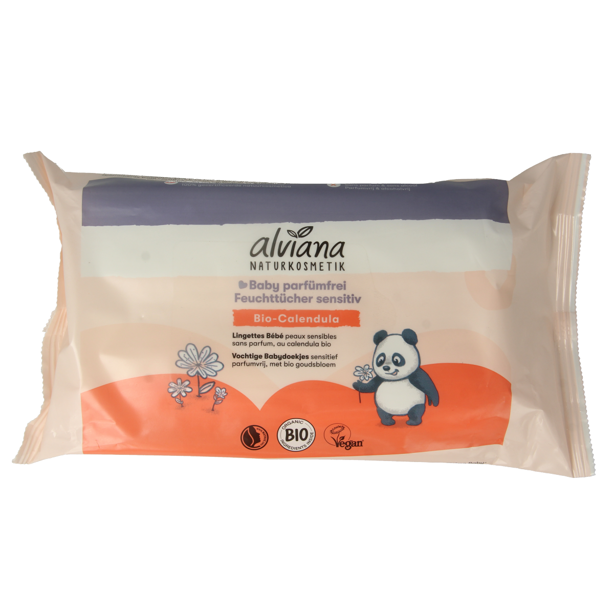 Alviana Baby vochtige doekjes pack with 48 wipes, gentle for baby's skin, in a resealable package.