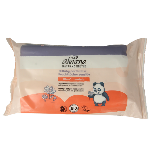 Alviana Baby vochtige doekjes pack with 48 wipes, gentle for baby's skin, in a resealable package.