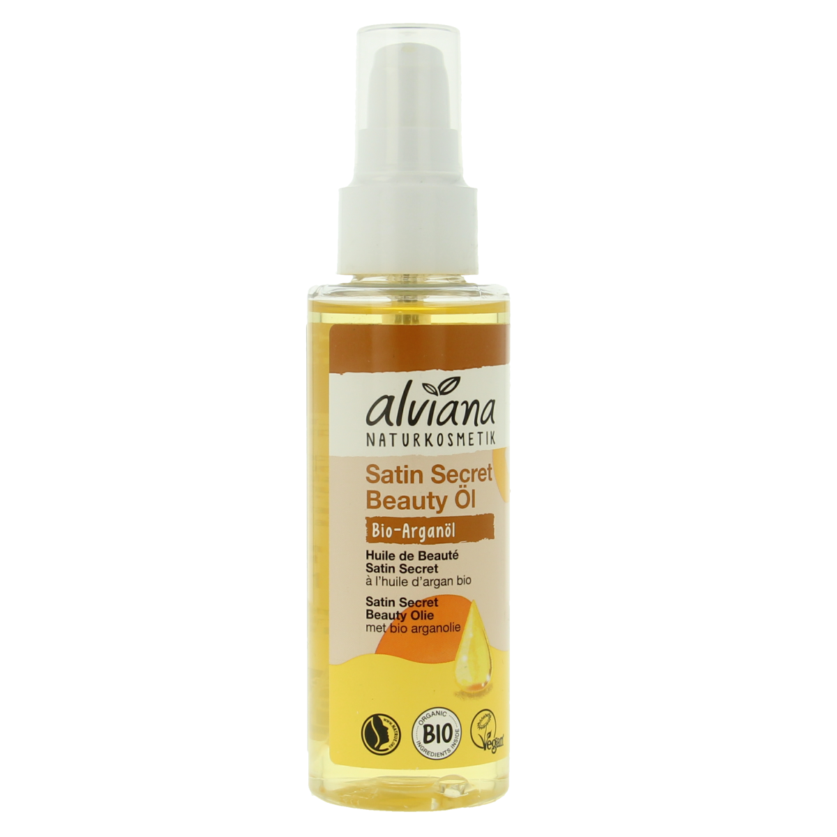 Alviana Beauty Olie Satin Secret body care oil in 100ml bottle, smooth and nourishing skincare product, natural finish.