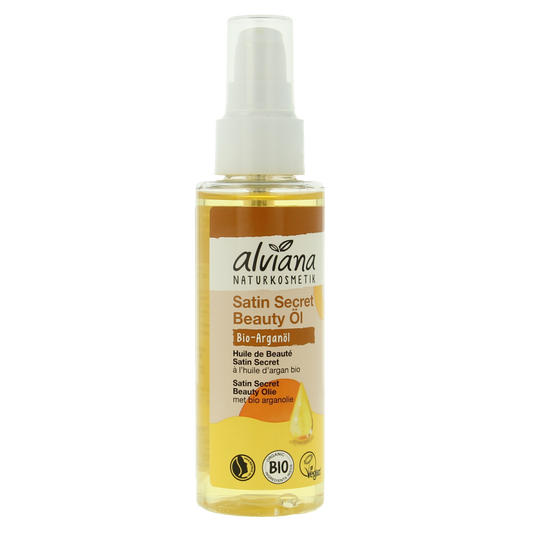 Alviana Beauty Olie Satin Secret body care oil in 100ml bottle, smooth and nourishing skincare product, natural finish.