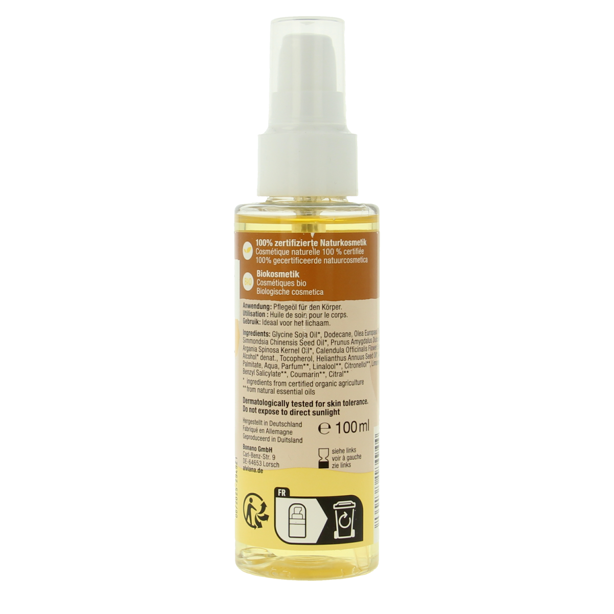 Alviana Satin Secret Beauty Oil in 100ml bottle, moisturizing body oil for smooth skin, with elegant packaging and golden accents.