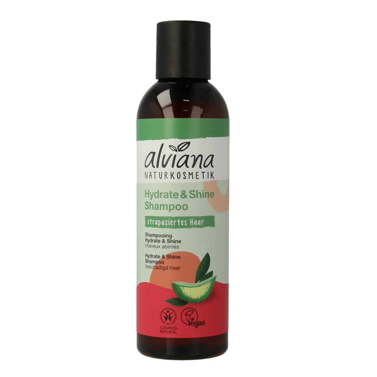 Alviana Hydrate en Shine shampoo for damaged hair, 200ml, with nourishing and brightening formula, shown in a sleek bottle.