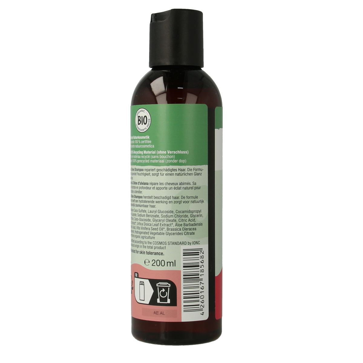 Alviana Hydrate en Shine shampoo for damaged hair, 200ml, in a white bottle with a flip cap, designed for nourishing hair.
