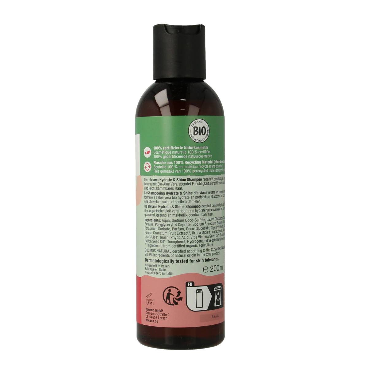 Alviana hydrate en shine shampoo for damaged hair in a 200ml bottle, nourishing and restoring shine to hair.