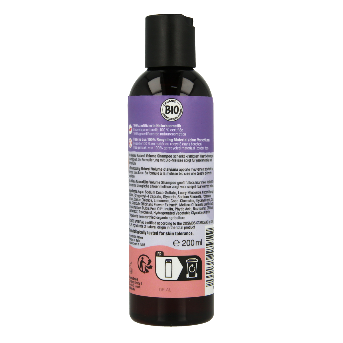 Alviana volume shampoo in 200ml bottle, featuring natural hair care ingredients, designed to add volume and fullness to hair.