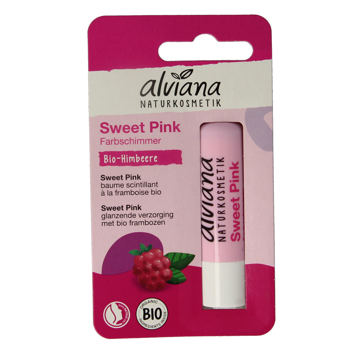 Alviana Lipverzorging sweet pink lip balm in a 4.50 gram container with a pink lid and branding on the package.