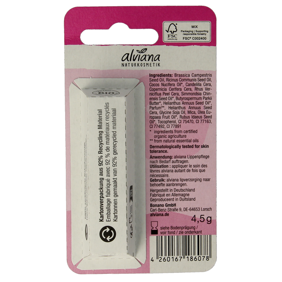 Alviana Sweet Pink Lipverzorging balm in a 4.5g container, featuring a soft pink color and smooth texture for nourishing lips.