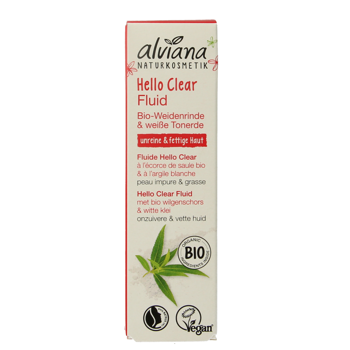 Alviana Hello Clear Fluid facial skincare product in 30ml bottle with clear liquid, designed for healthy skin.