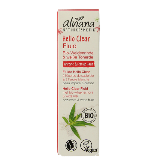 Alviana Hello Clear Fluid facial skincare product in 30ml bottle with clear liquid, designed for healthy skin.