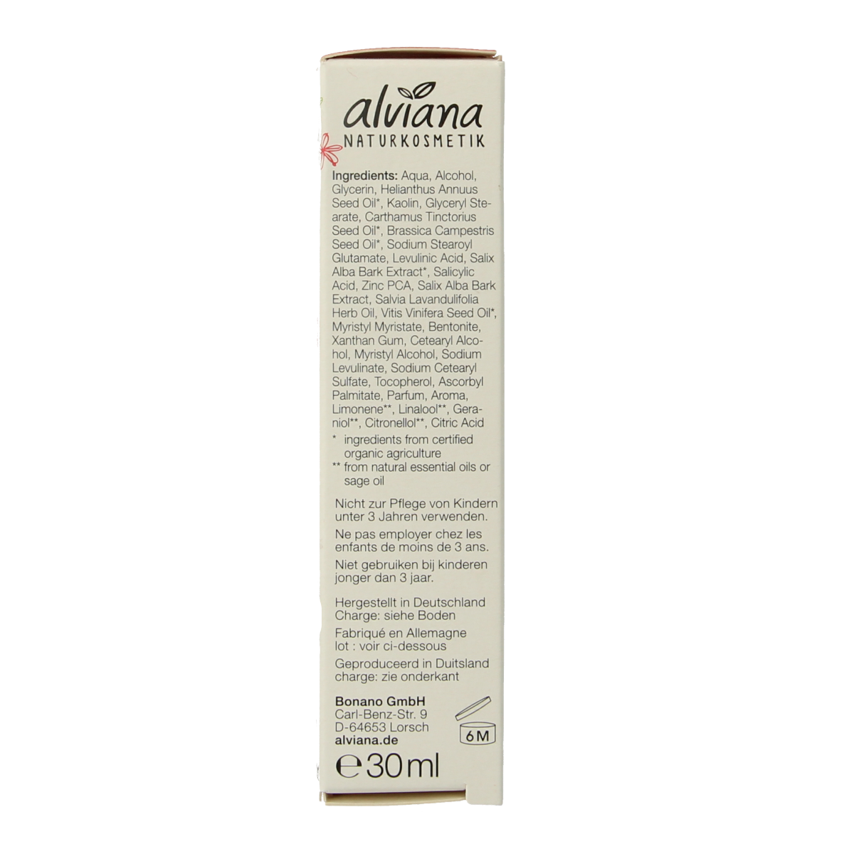 Alviana Hello clear fluid facial skincare bottle, 30ml, with transparent packaging and branding on the label.