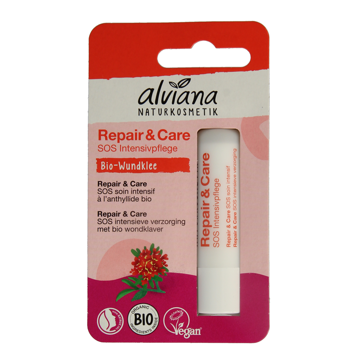 Alviana Lipverzorging repair en care lip balm in a 4.5g container, providing nourishing and moisturizing care for lips.