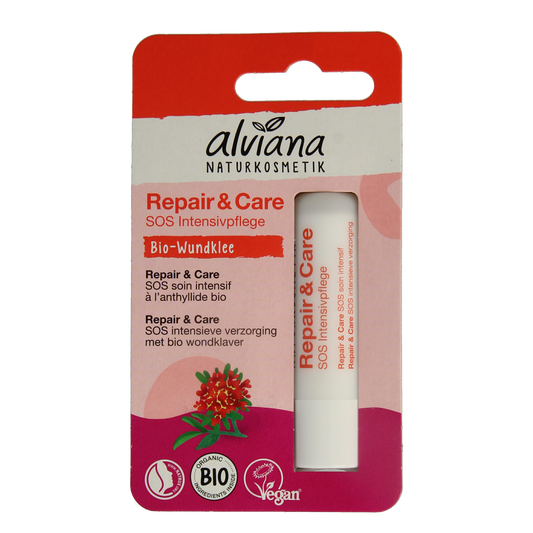 Alviana Lipverzorging repair en care lip balm in a 4.5g container, providing nourishing and moisturizing care for lips.