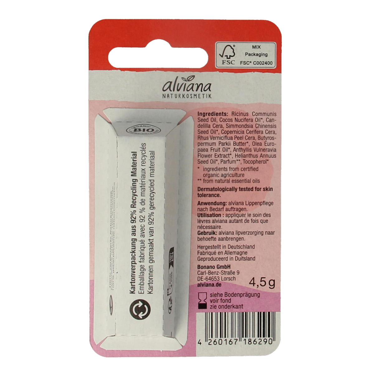 Alviana Lipverzorging repair and care balm in a 4.5g container, featuring a smooth, nourishing lip treatment with natural ingredients.
