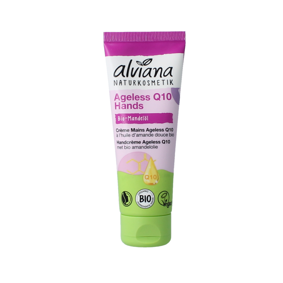 Alviana Handcreme Ageless Q10 75ml, nourishing hand moisturizer with anti-aging Q10 in a sleek tube.