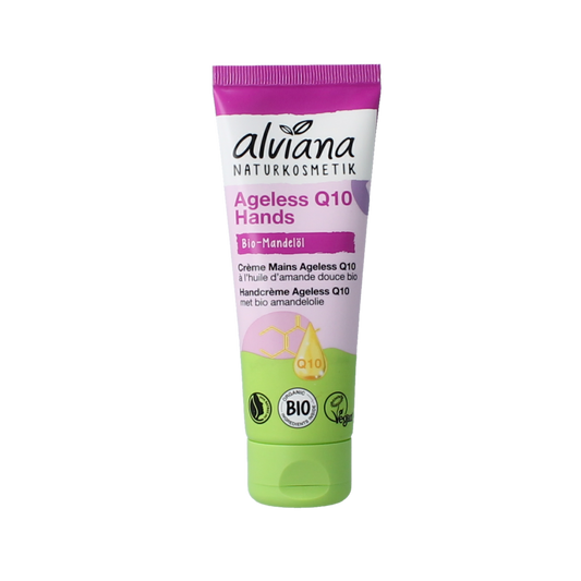 Alviana Handcreme Ageless Q10 75ml, nourishing hand moisturizer with anti-aging Q10 in a sleek tube.