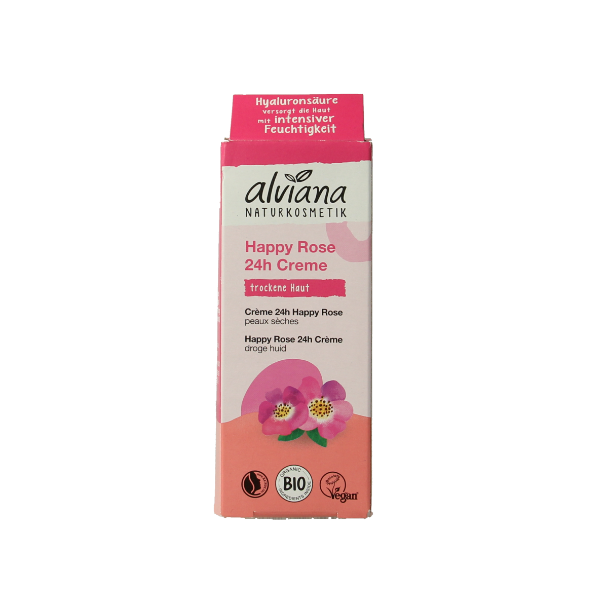 Alviana Happy Rose 24h face cream in a 50ml jar, featuring a rose-inspired moisturizing face care product.