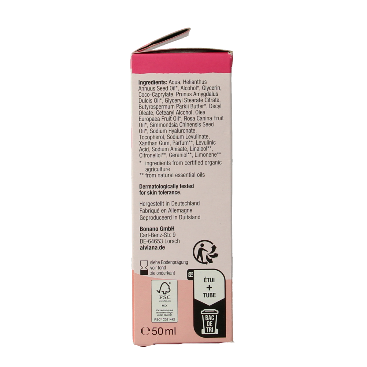 Alviana Happy Rose 24h facial cream in a 50ml jar, hydrating skincare product with rose extract for healthy skin.