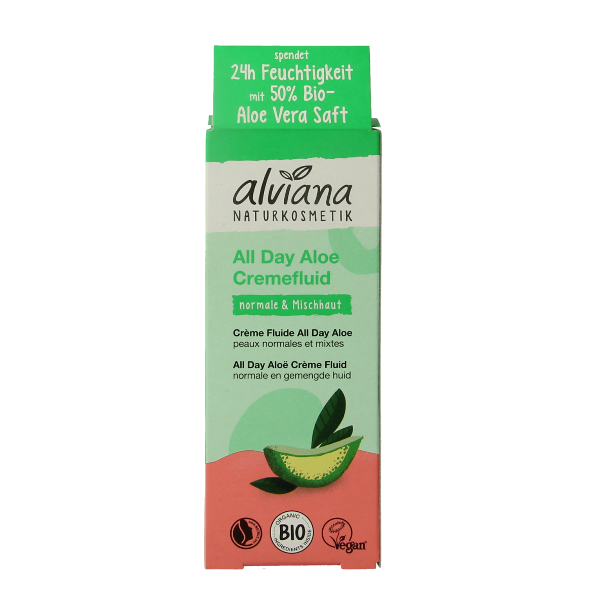 Alviana All Day Aloe Creme Fluid in 50ml bottle, facial skincare product with aloe vera for soothing and hydrating skin.