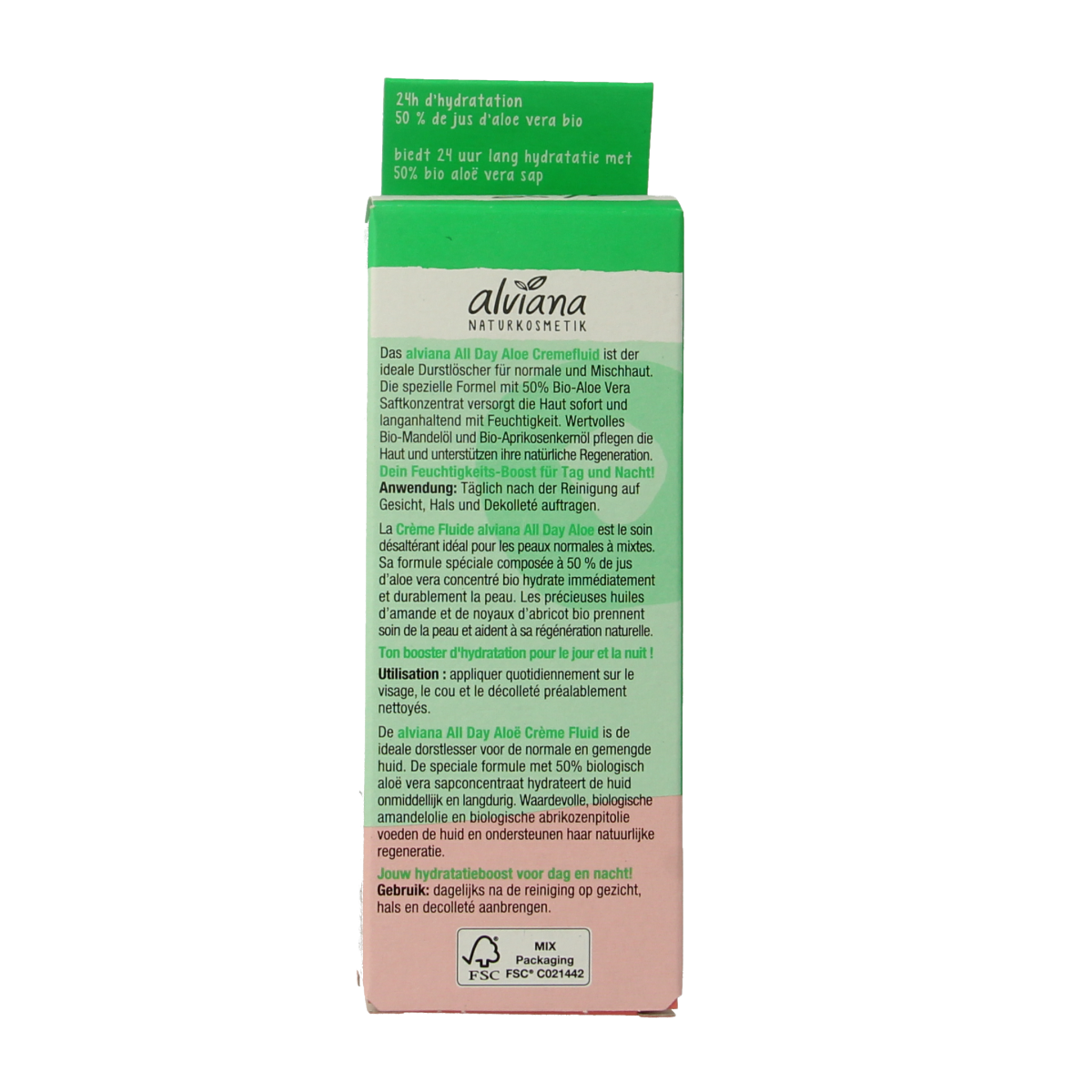 Alviana All Day Aloe Creme Fluid in 50ml bottle, facial skincare product with aloe vera for hydrating and soothing skin.