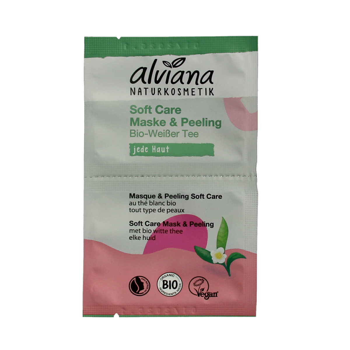 Alviana Soft Care Mask and Peeling with Organic White Tea, two-piece facial skincare set, showing the packaging and product details.