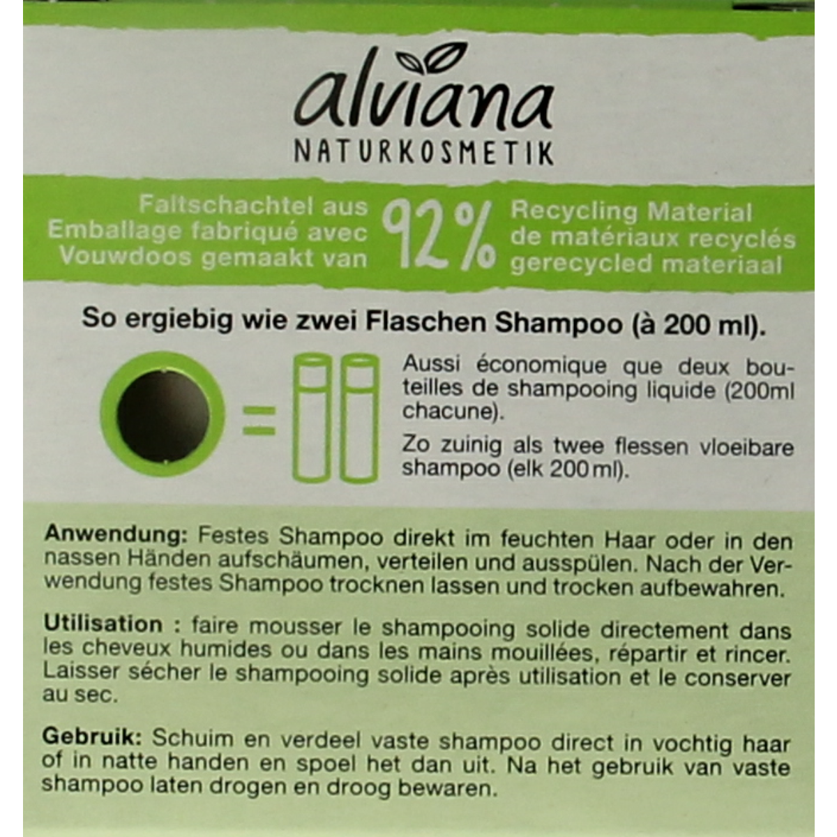 Alviana shampoo bar for oily hair, 60g, natural hair care product with a rectangular shape and green packaging.