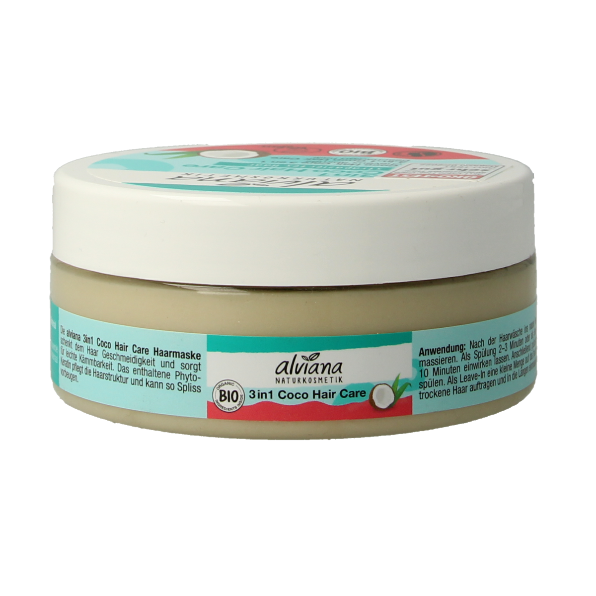Alviana 3-in-1 coconut oil hair mask in a 150ml jar, ideal for nourishing and repairing hair with natural ingredients.