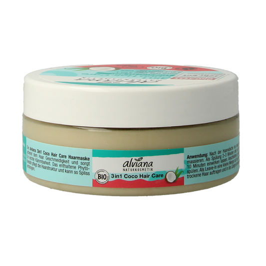 Alviana 3-in-1 coconut oil hair mask in a 150ml jar, ideal for nourishing and repairing hair with natural ingredients.