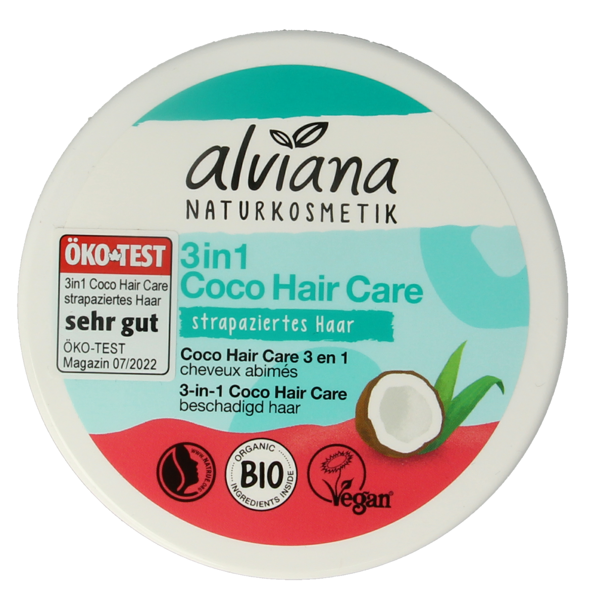 Alviana 3-in-1 coconut oil hair mask in 150ml jar, nourishing hair care product with natural coconut oil for healthy hair.