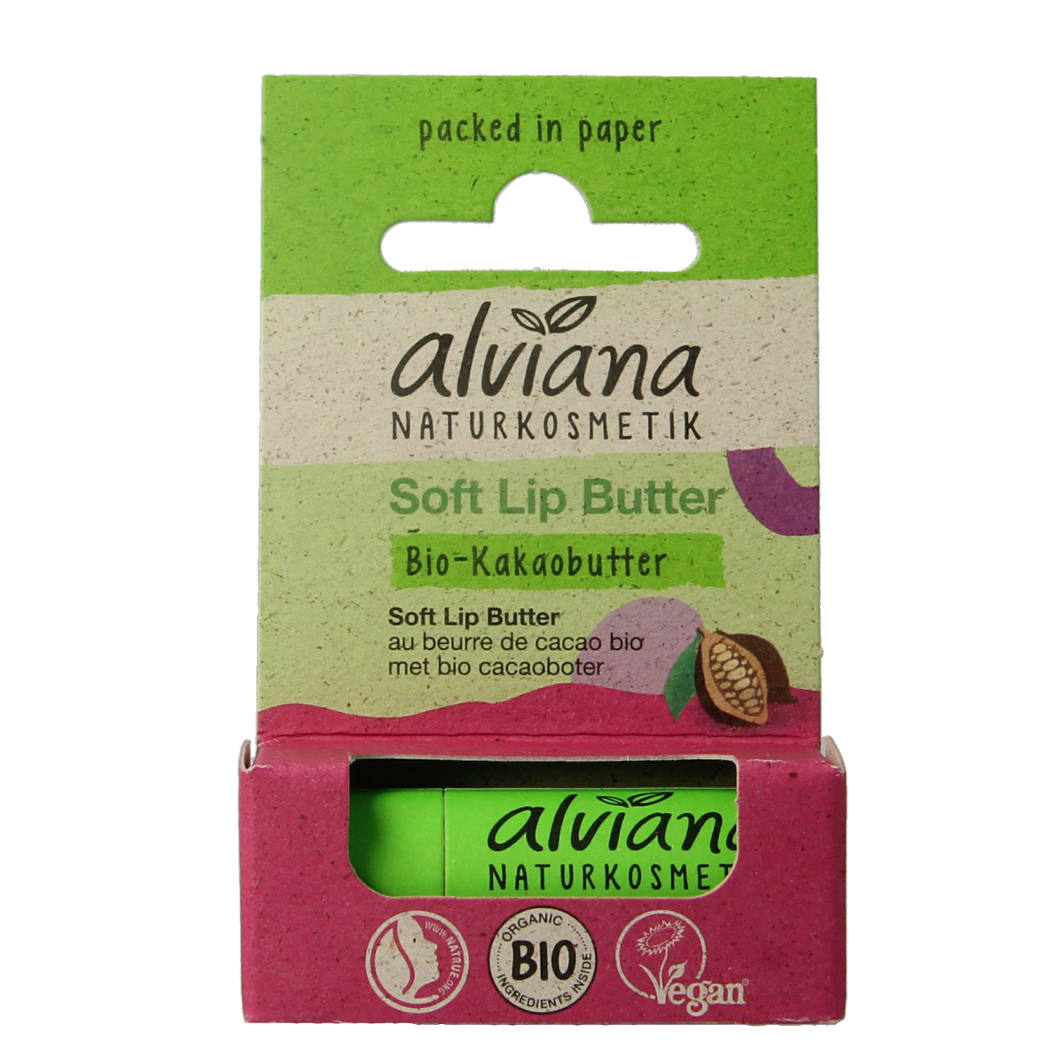 Alviana lip butter with cacao butter, soft and nourishing lip care product in 5g container, natural skincare for lips.