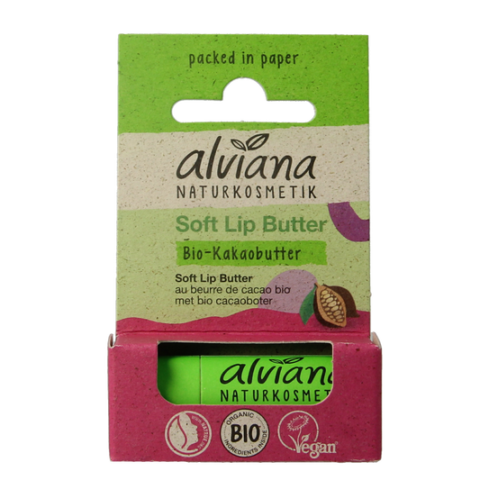 Alviana lip butter with cacao butter, soft and nourishing lip care product in 5g container, natural skincare for lips.