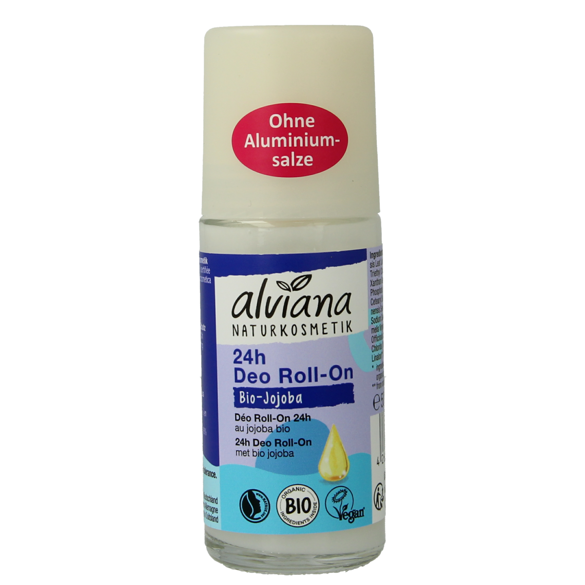 Alviana organic jojoba deodorant roll-on bottle, 50ml, natural skincare product with a clear roll-on applicator.