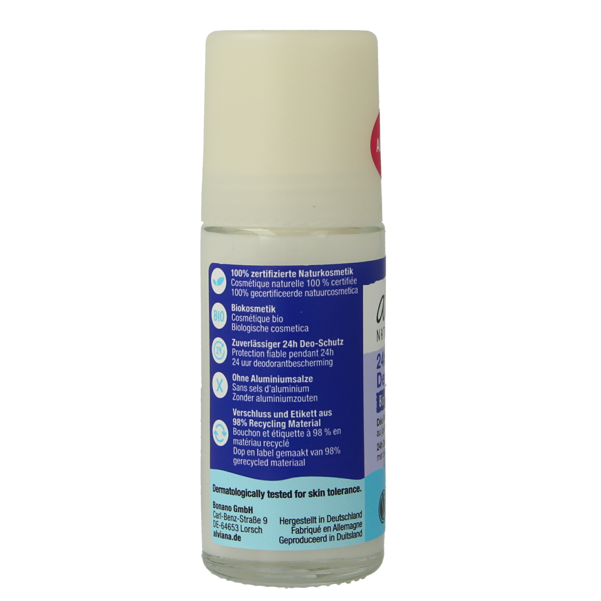 Alviana organic jojoba deodorant roll-on 50ml bottle with clear cap and label, showcasing natural deodorant product.