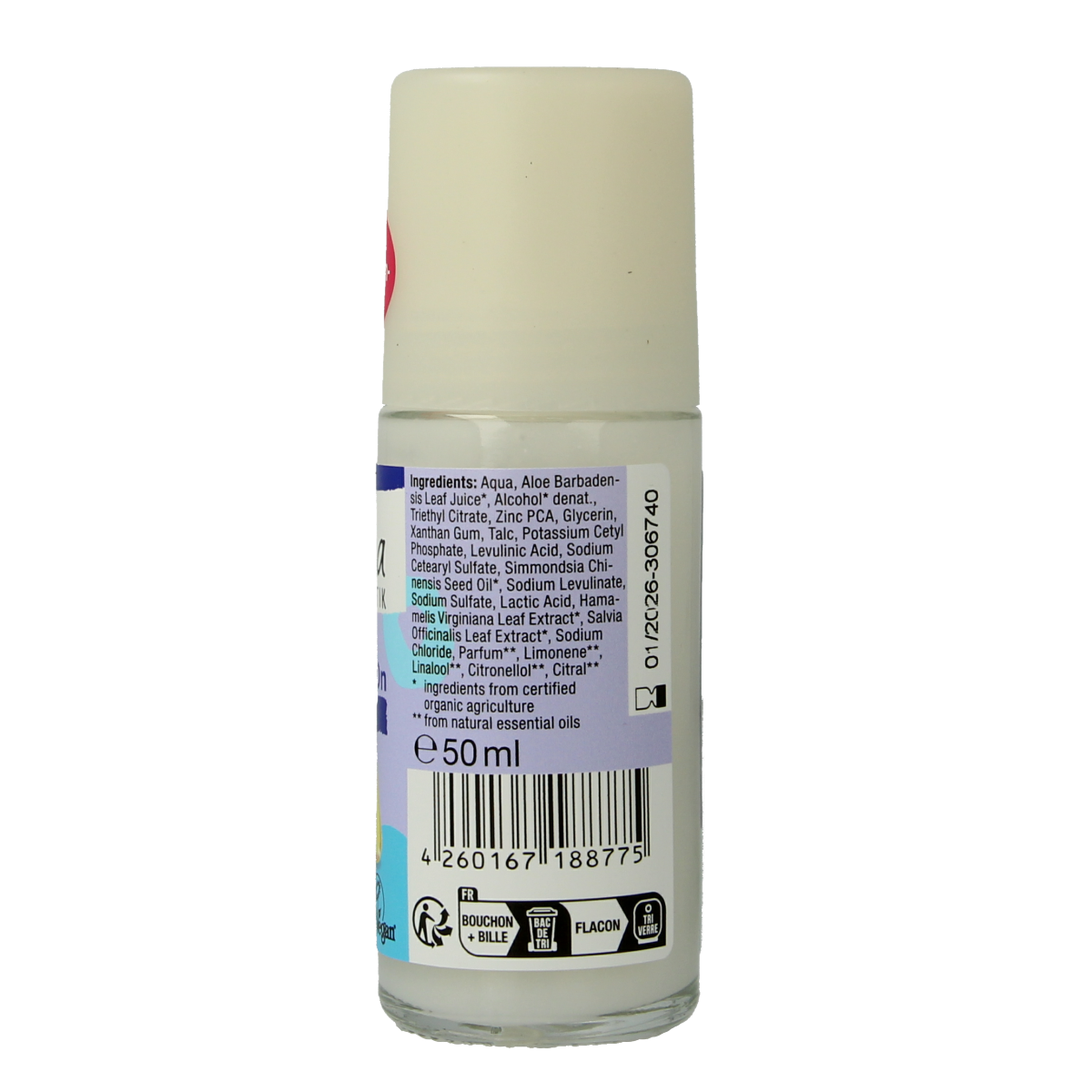 Alviana organic jojoba deodorant roll-on in 50ml bottle, natural skincare product with smooth applicator and clear label.