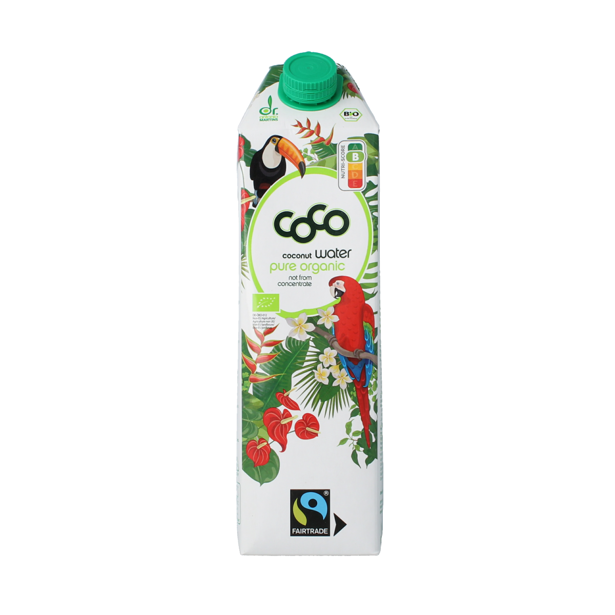 Bottle of Dr. Antonio Martins organic coconut water, 1 liter, with fresh coconut images on the label.
