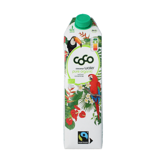 Bottle of Dr. Antonio Martins organic coconut water, 1 liter, with fresh coconut images on the label.