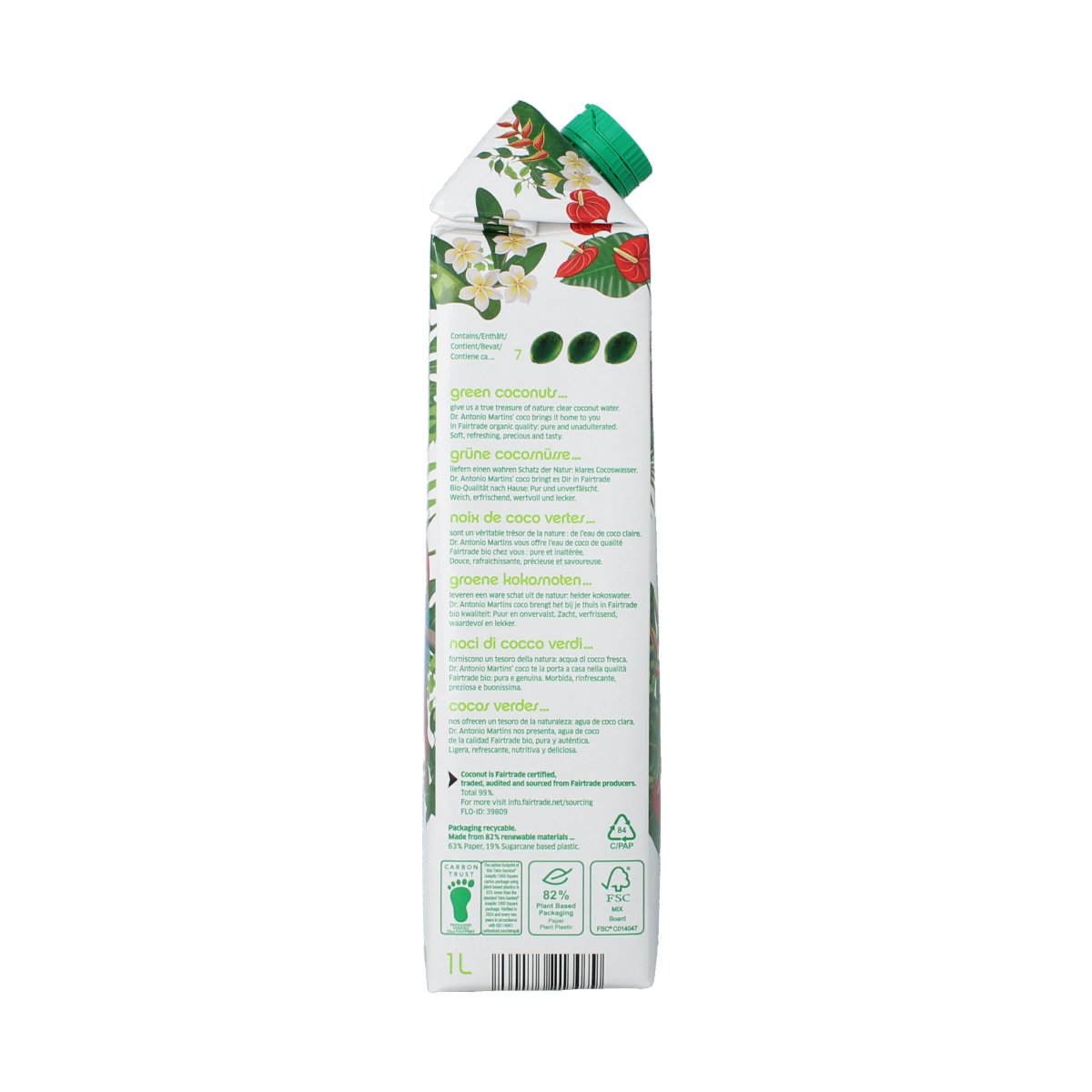 Bottle of Dr. Antonio Martins organic coconut water, 1 liter, in clear plastic bottle with label showing coconut images and branding.