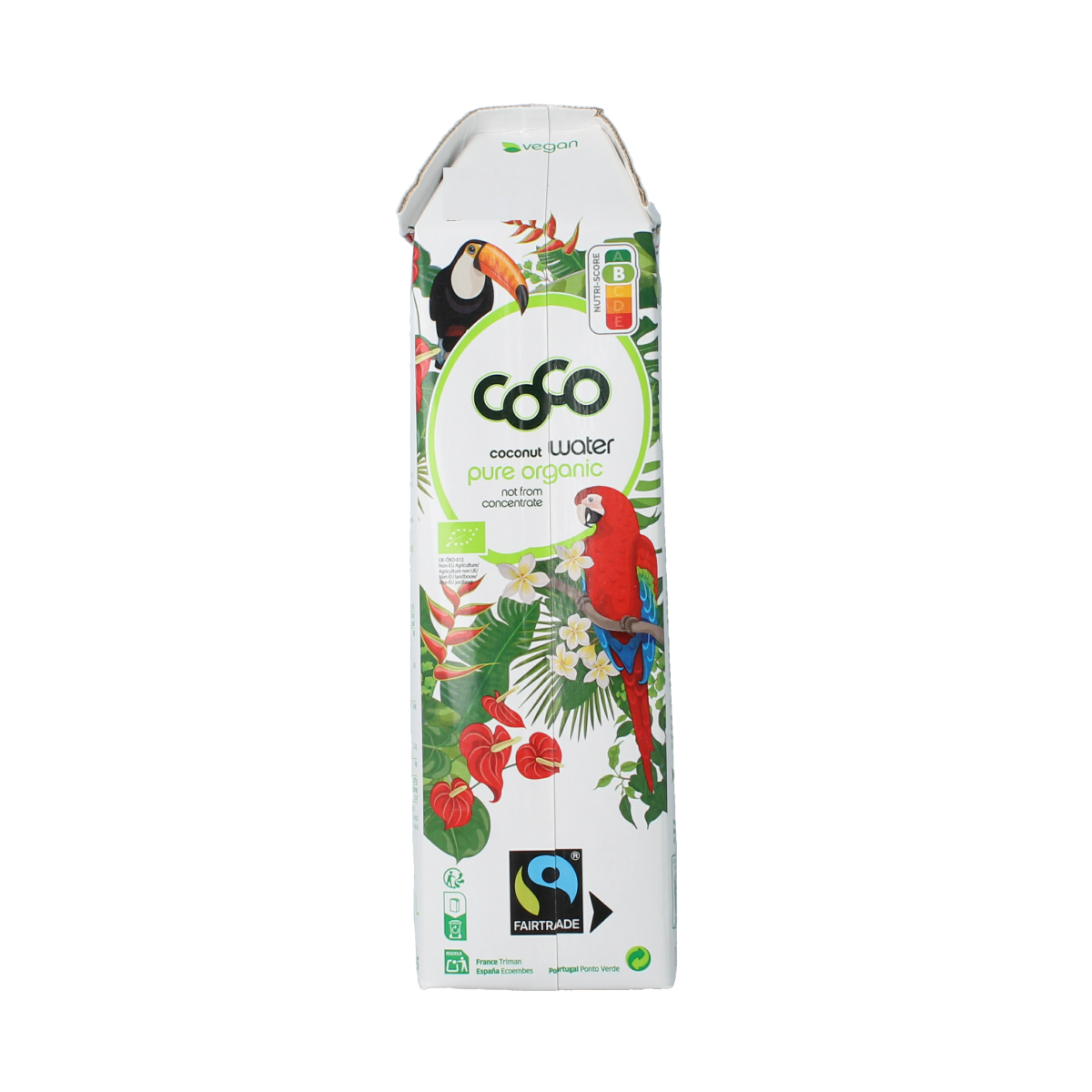Bottle of Dr. Antonio Martins organic coconut water, 1 liter, in clear plastic with label displaying coconut imagery and branding.
