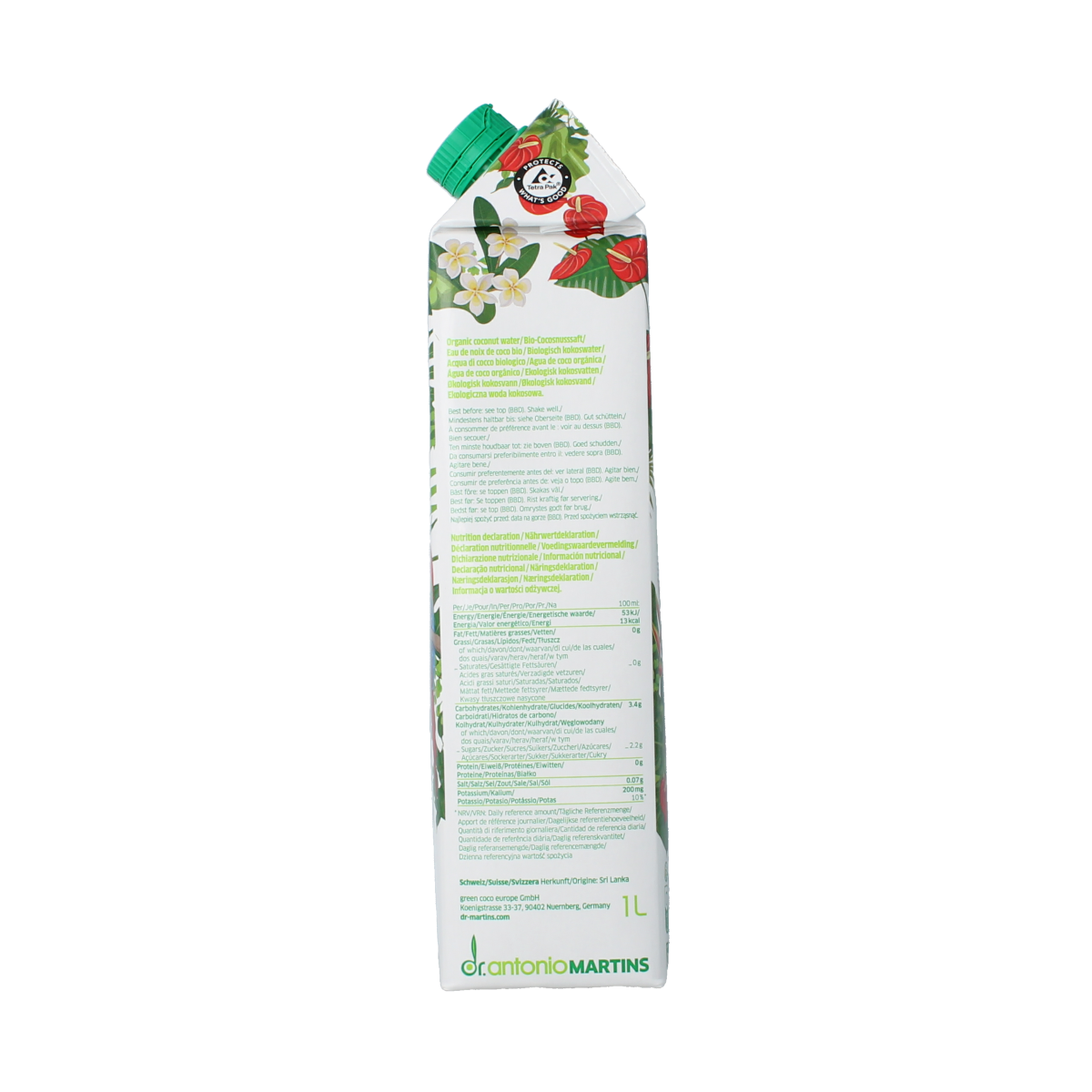 Glass bottle of Dr. Antonio Martins organic coconut water, 1 liter, showcasing the label and fresh coconut image.