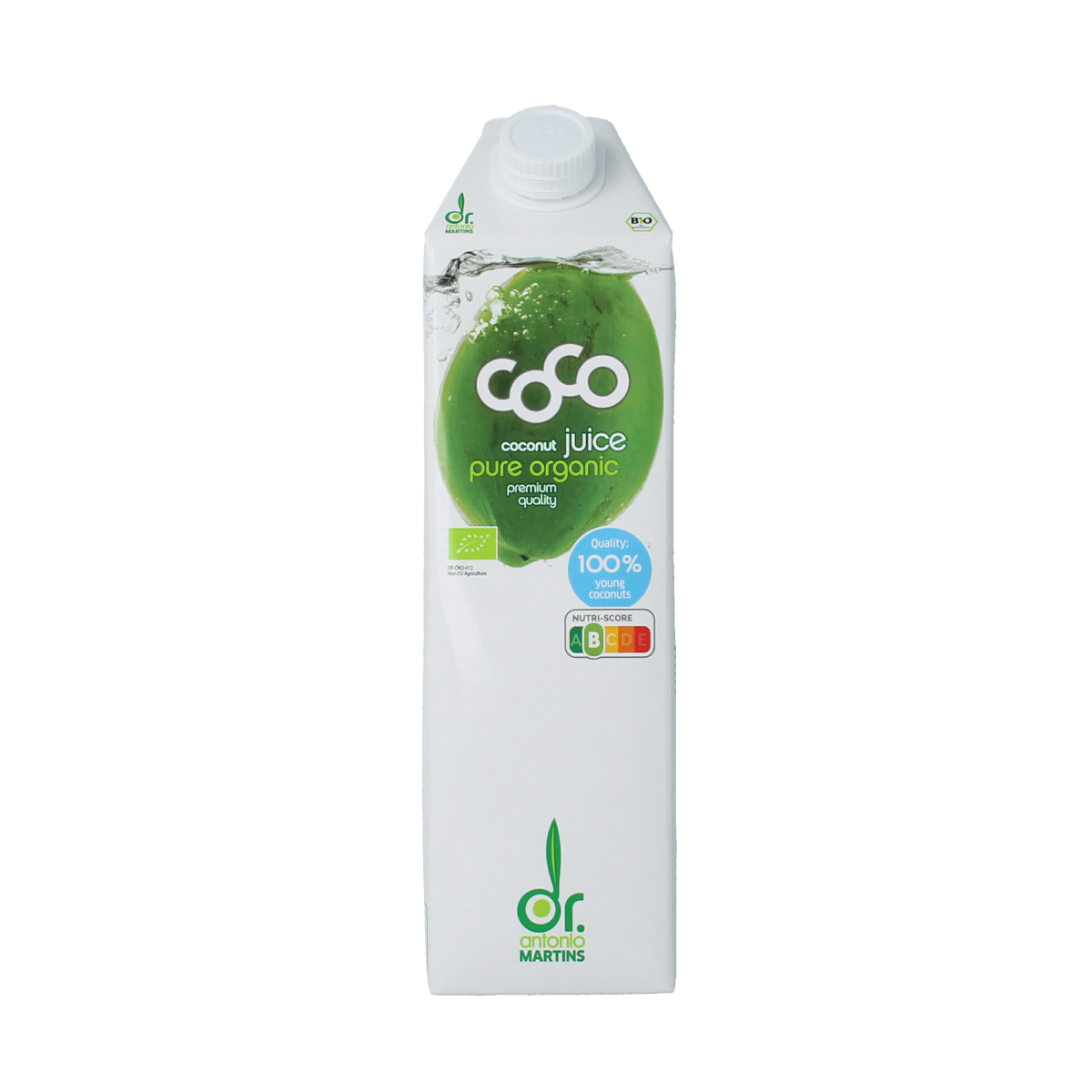 Dr. Antonio Martins Cocojuice bio 1L bottle with coconut juice, clear label, and cap, on a white background.